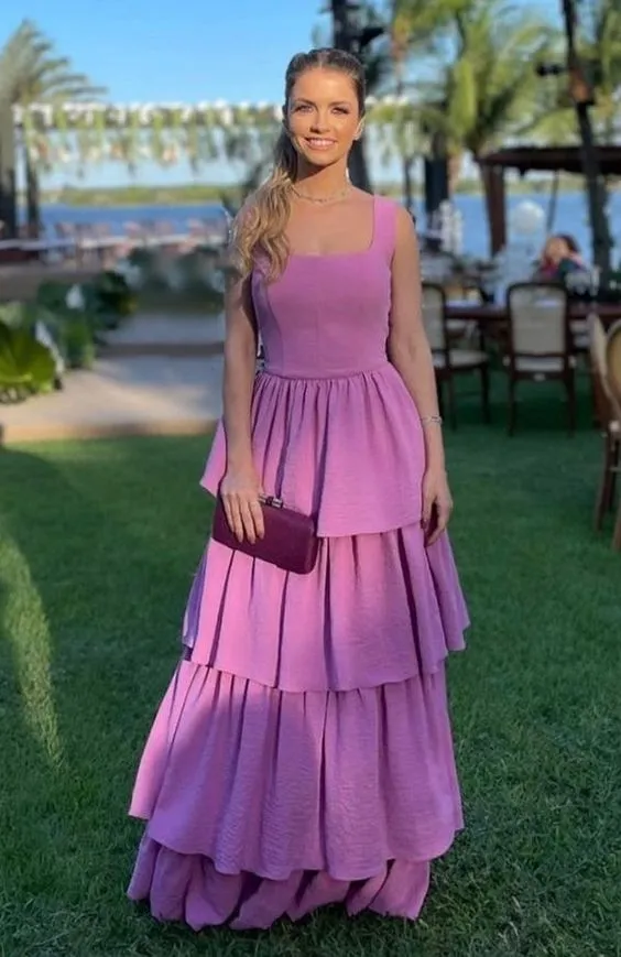 A Line Purple Prom Dresses,Tiered Stretch Satin Evening Dress