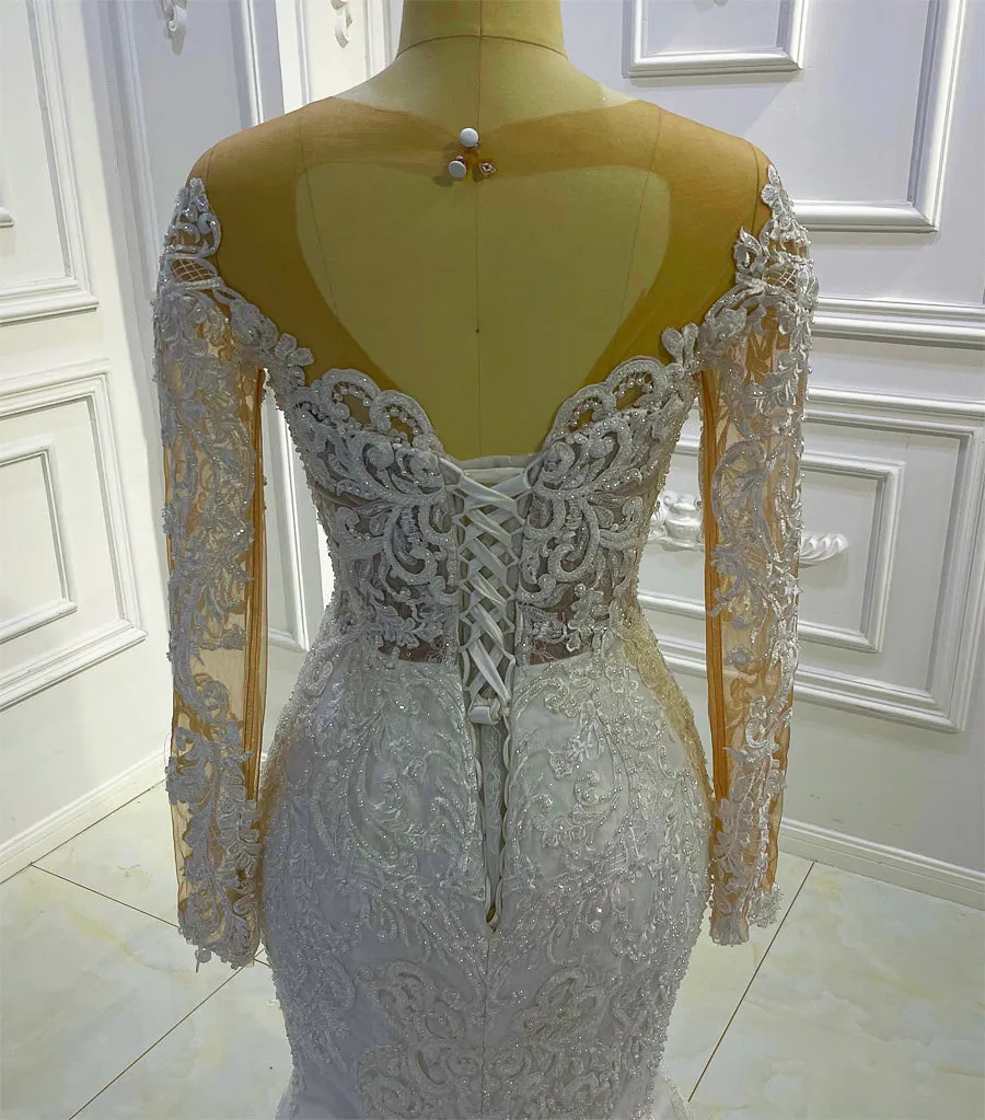 AM1007 Long Sleeve Lace Applique Keyhole Back Mermaid Sheer Wedding Dress
