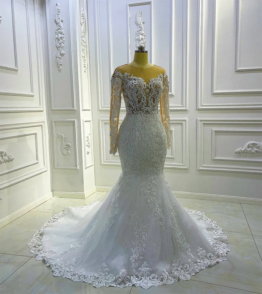 AM1007 Long Sleeve Lace Applique Keyhole Back Mermaid Sheer Wedding Dress