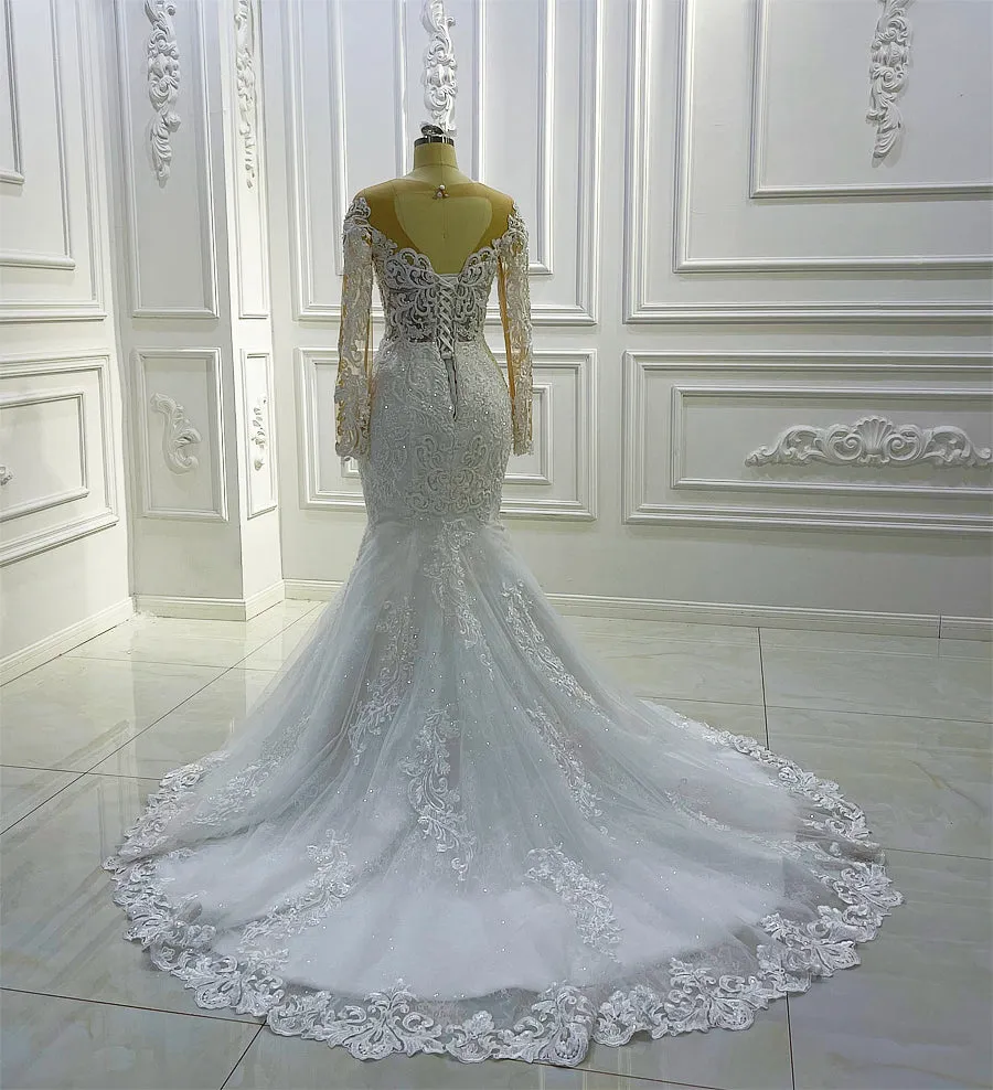 AM1007 Long Sleeve Lace Applique Keyhole Back Mermaid Sheer Wedding Dress