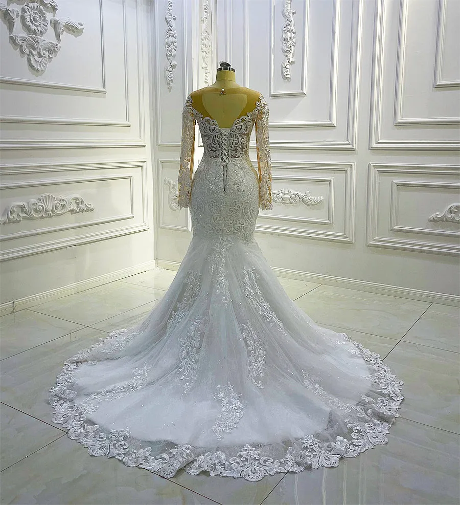 AM1007 Long Sleeve Lace Applique Keyhole Back Mermaid Sheer Wedding Dress