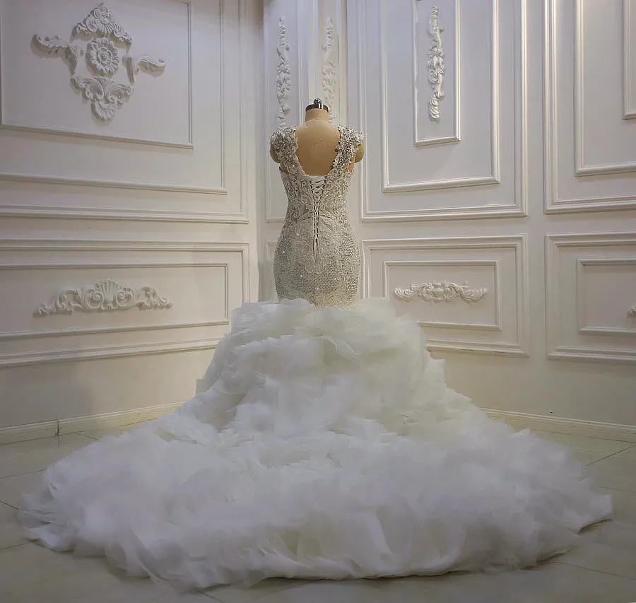 AM1159 Off Shoulder Crystal Ruffle Mermaid Trumpet luxury Wedding Dress