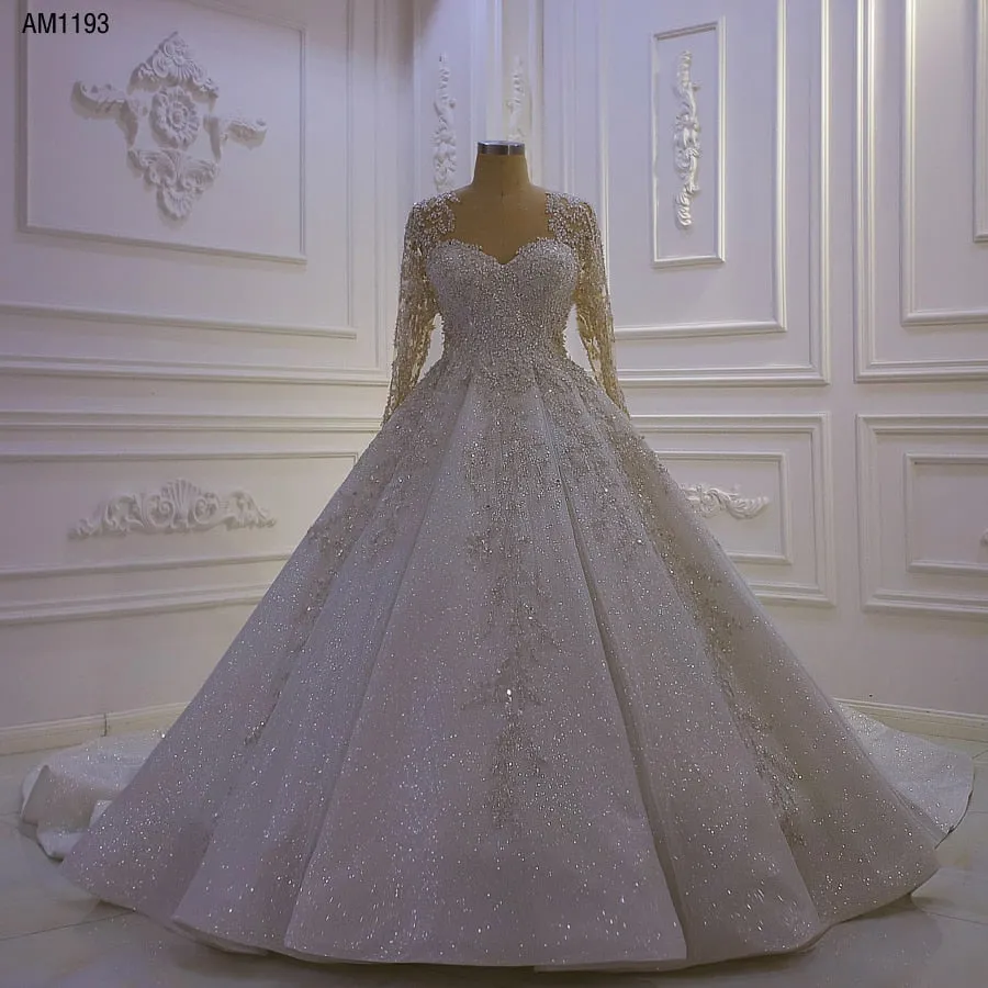 AM1193 Lace Applique Glitter Luxury long sleeve Wedding Dress