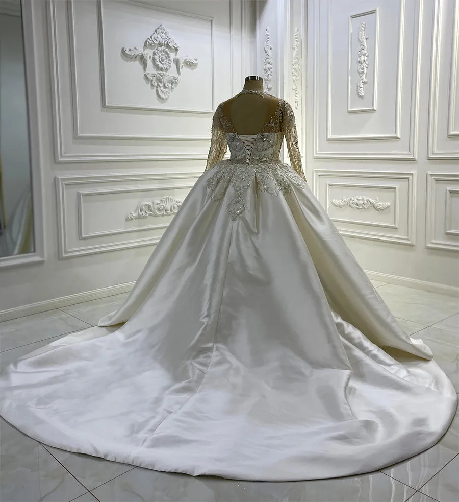 AM1220 Long Sleeve Silver Beaded Mermaid Big Size Wedding Dress with detachable train