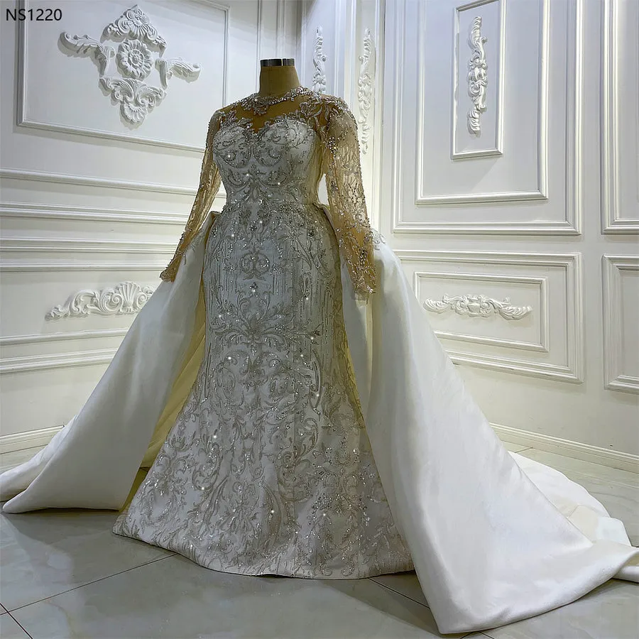 AM1220 Long Sleeve Silver Beaded Mermaid Big Size Wedding Dress with detachable train