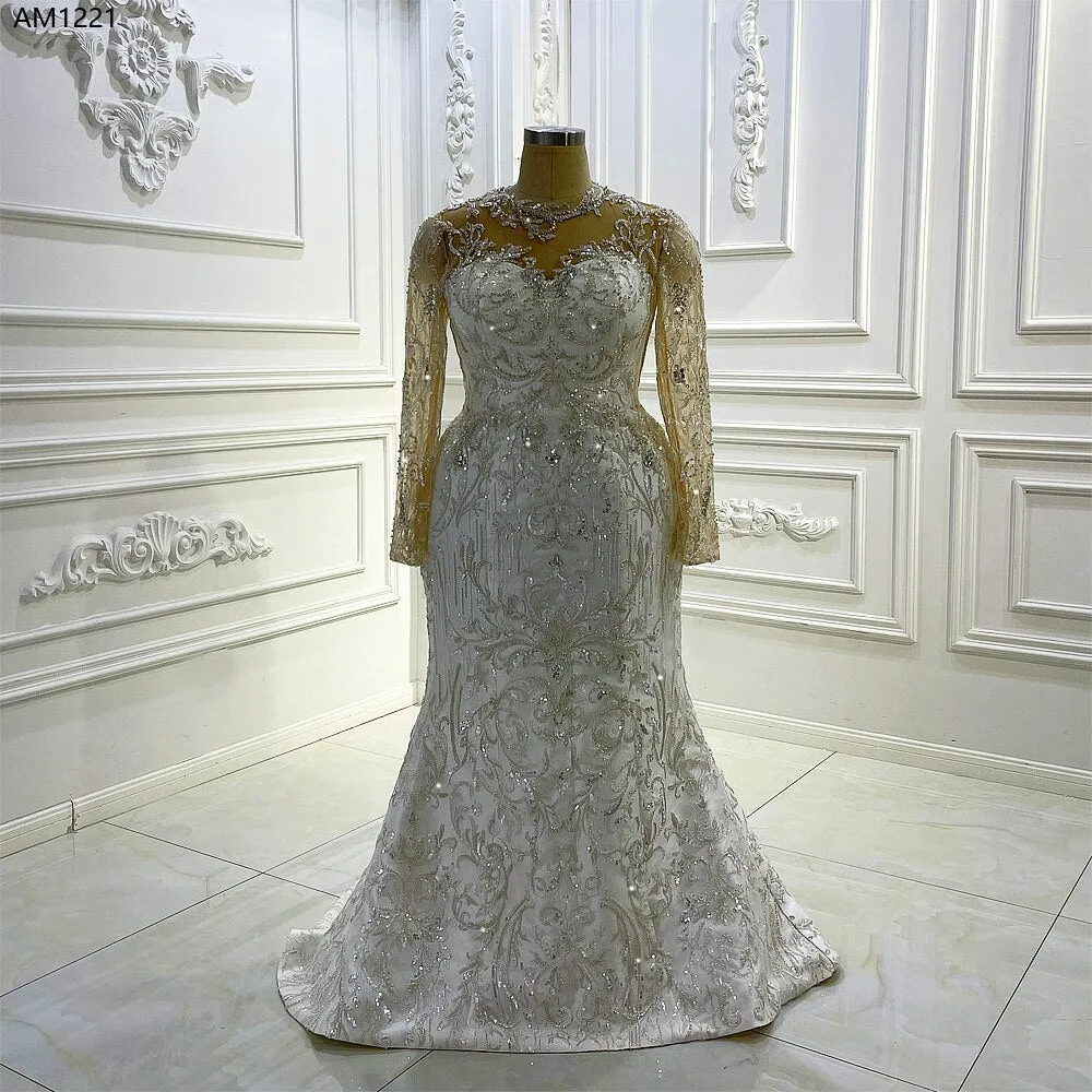 AM1220 Long Sleeve Silver Beaded Mermaid Big Size Wedding Dress with detachable train