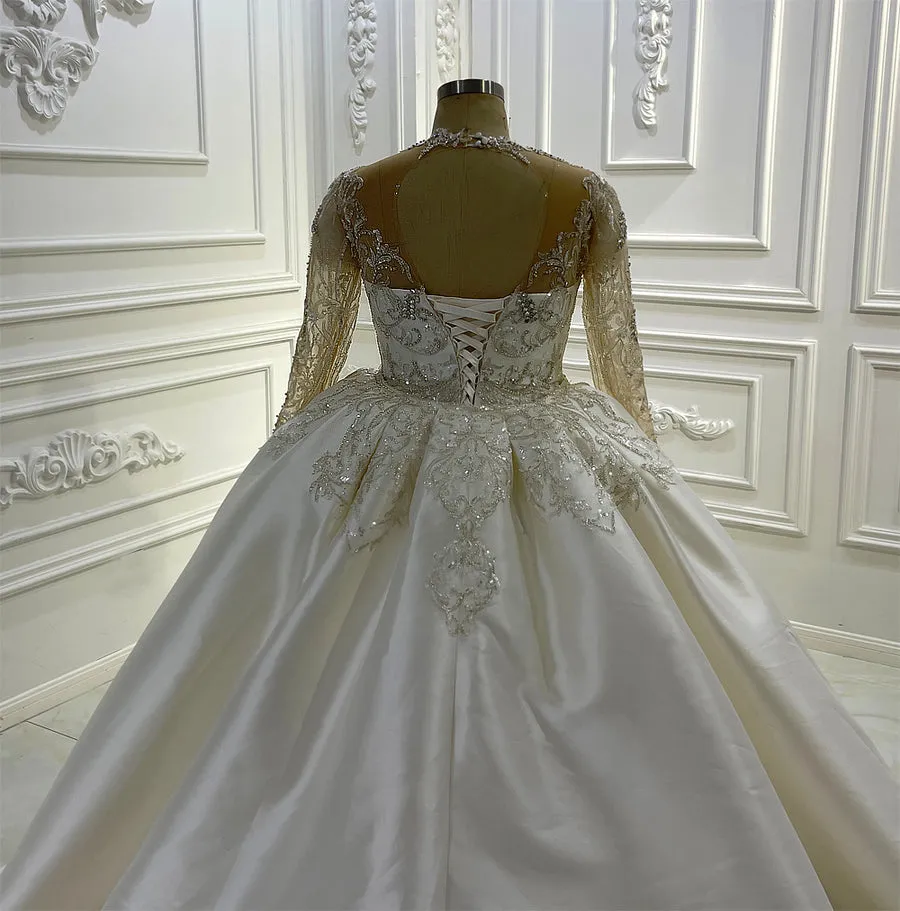 AM1220 Long Sleeve Silver Beaded Mermaid Big Size Wedding Dress with detachable train