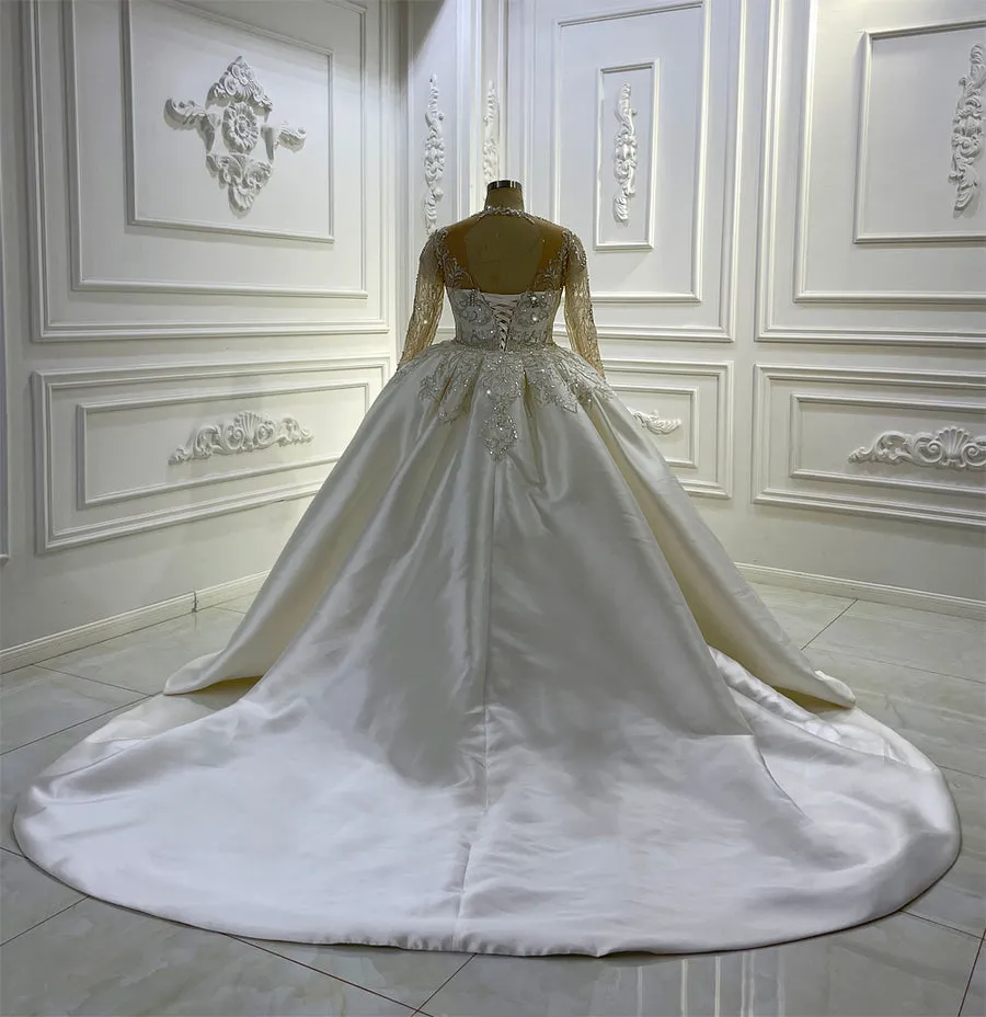 AM1220 Long Sleeve Silver Beaded Mermaid Big Size Wedding Dress with detachable train