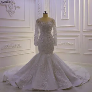 AM1233 Long Sleeve Lace Beads Mermaid Wedding Dress