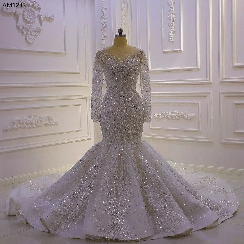 AM1233 Long Sleeve Lace Beads Mermaid Wedding Dress