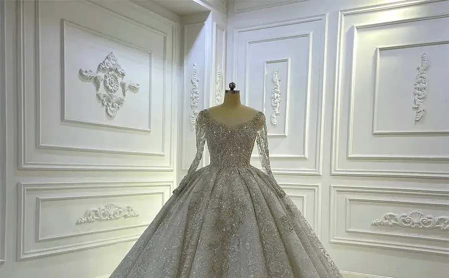 AM1368 Luxury Long Sleeve Round Neck Full Beading Ball Gown Wedding Dress