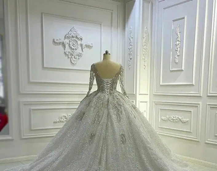 AM1368 Luxury Long Sleeve Round Neck Full Beading Ball Gown Wedding Dress