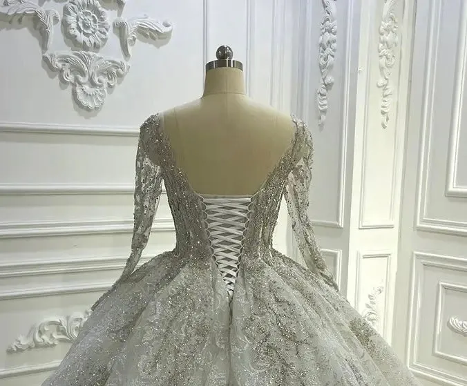 AM1368 Luxury Long Sleeve Round Neck Full Beading Ball Gown Wedding Dress