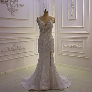 AM1388 Luxury Sequin Lace V-neck Spaghetti Straps Slit Mermaid Wedding Dress
