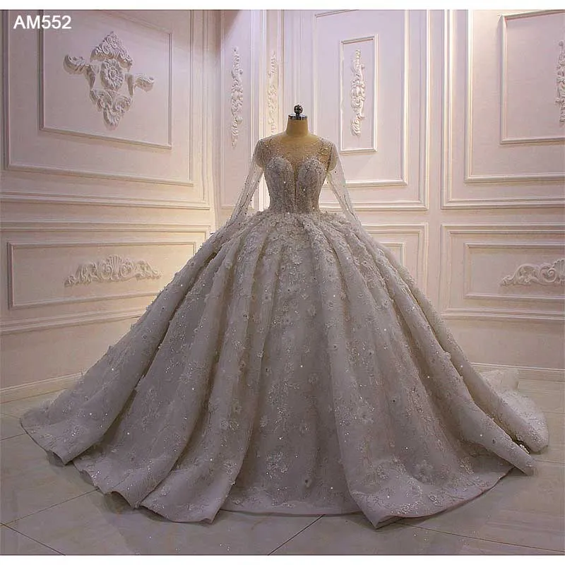 AM552 robe mariage femme Full Sleeve Rhinestone Crystal 3D Flowers Ball Gown Wedding Dress
