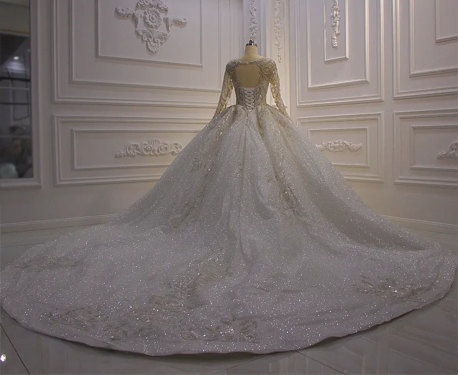 AM595 Long Sleeve crystal beads Appliques Glitter Sparkly luxury ball gown Wedding Dress