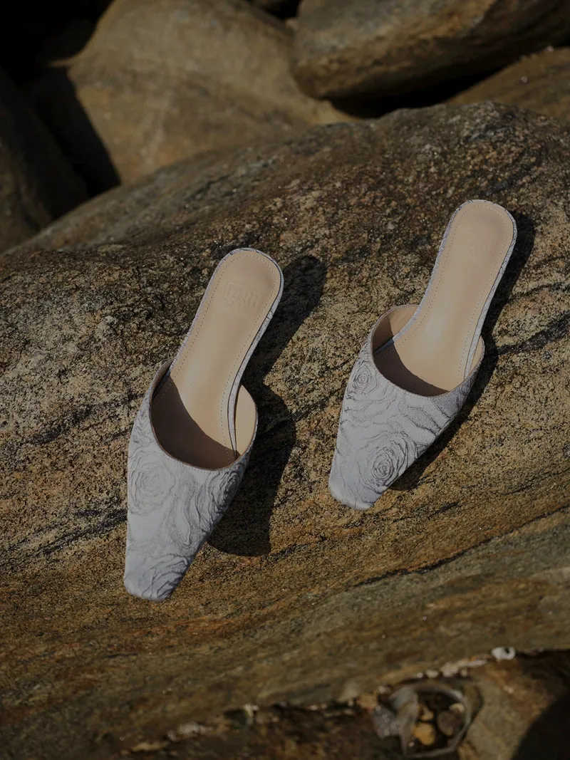 B-FEI kitten heel square head French half-drag  wedding mule heel  - Wedding Rose gray