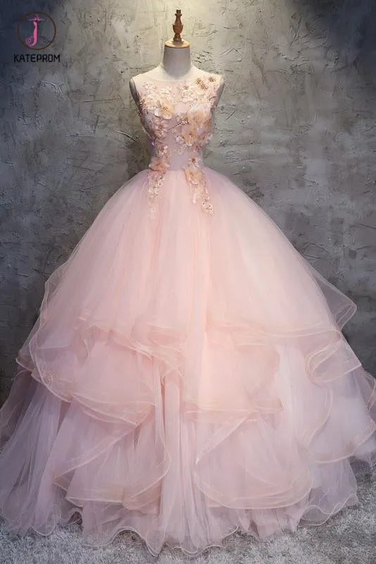 Ball Gown Long Prom Dress with Hand Made Flowers, Gorgeous Quinceanera Dresses KPP0835