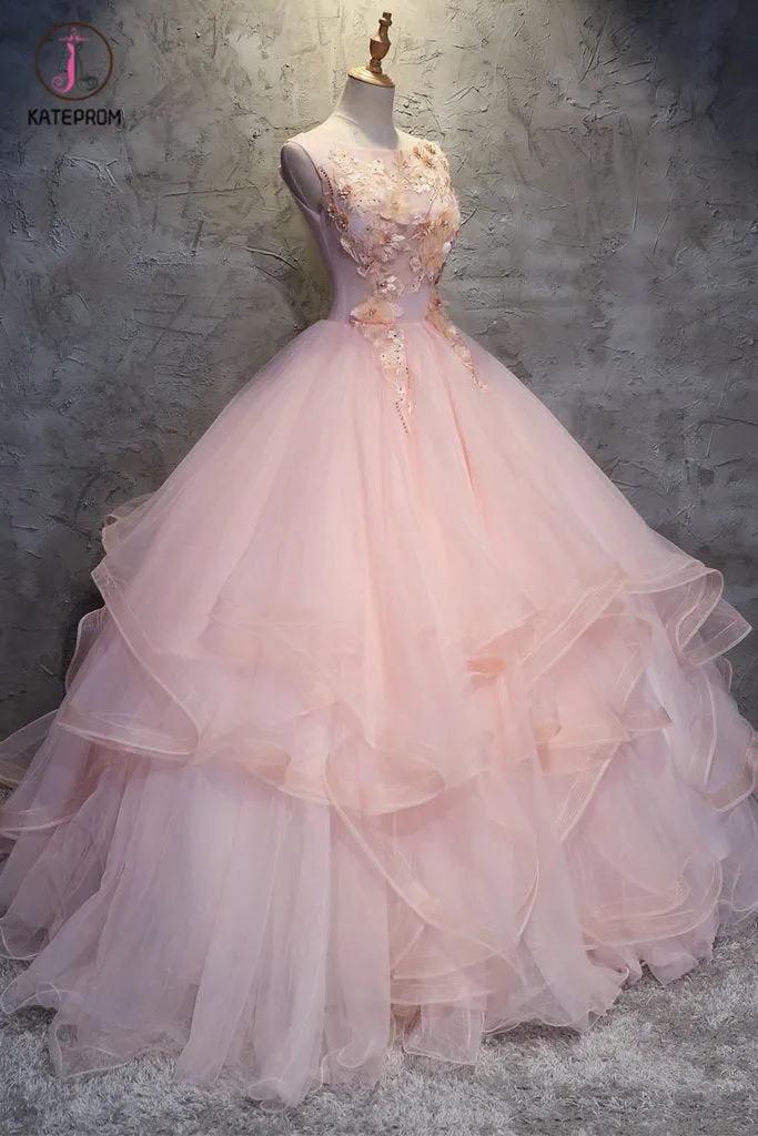 Ball Gown Long Prom Dress with Hand Made Flowers, Gorgeous Quinceanera Dresses KPP0835