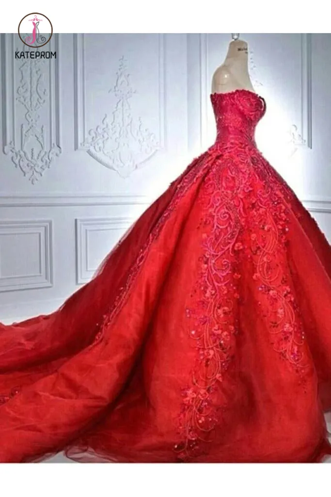 Ball Gown Red Sweetheart Tulle Prom Dresses with Appliques, Puffy Quinceanera Dress KPW0427