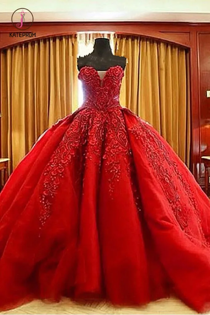 Ball Gown Red Sweetheart Tulle Prom Dresses with Appliques, Puffy Quinceanera Dress KPW0427