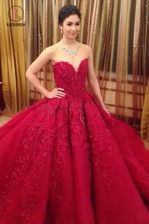 Ball Gown Red Sweetheart Tulle Prom Dresses with Appliques, Puffy Quinceanera Dress KPW0427