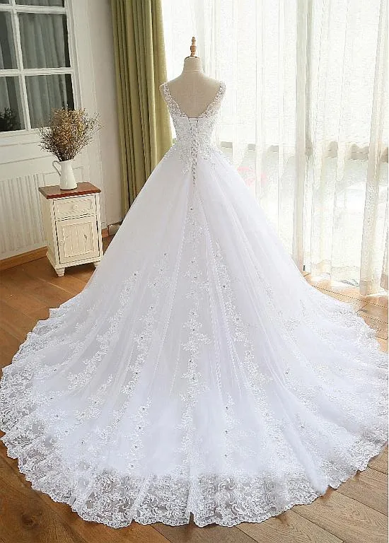 Beautiful White Tulle with Lace V-neckline Wedding Dress, White Beautiful Prom Dress Party Dress