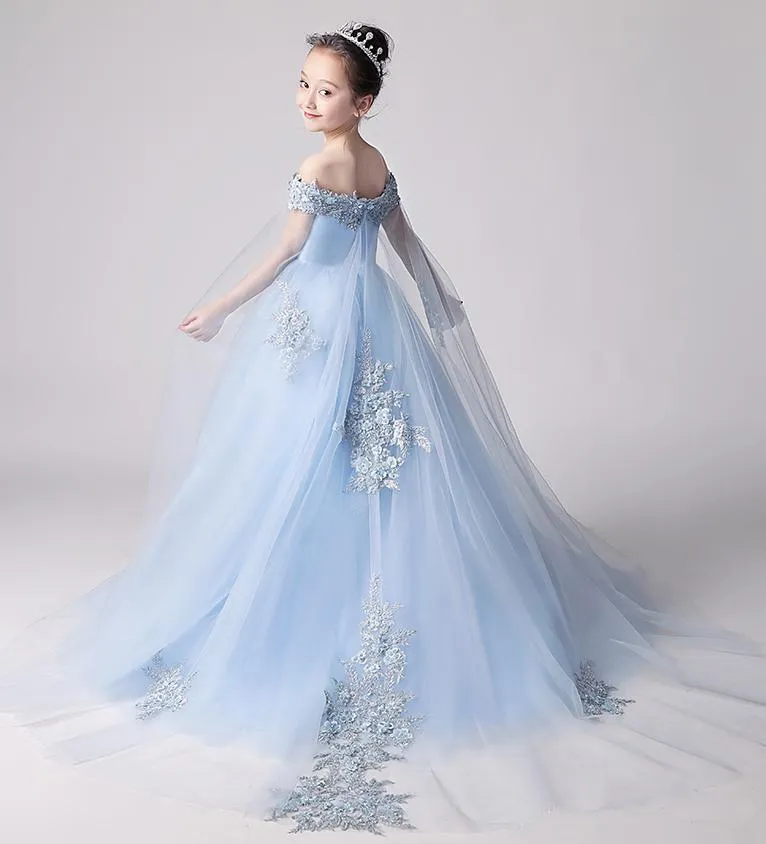 Beauty Blue Off the Shoulder Applique Flower Girl Dress,Long Sweep Train Flower Girl Dress F080