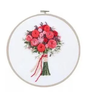 Beginners Red Rose Bouquet Flower Hand Embroidery Full Kit