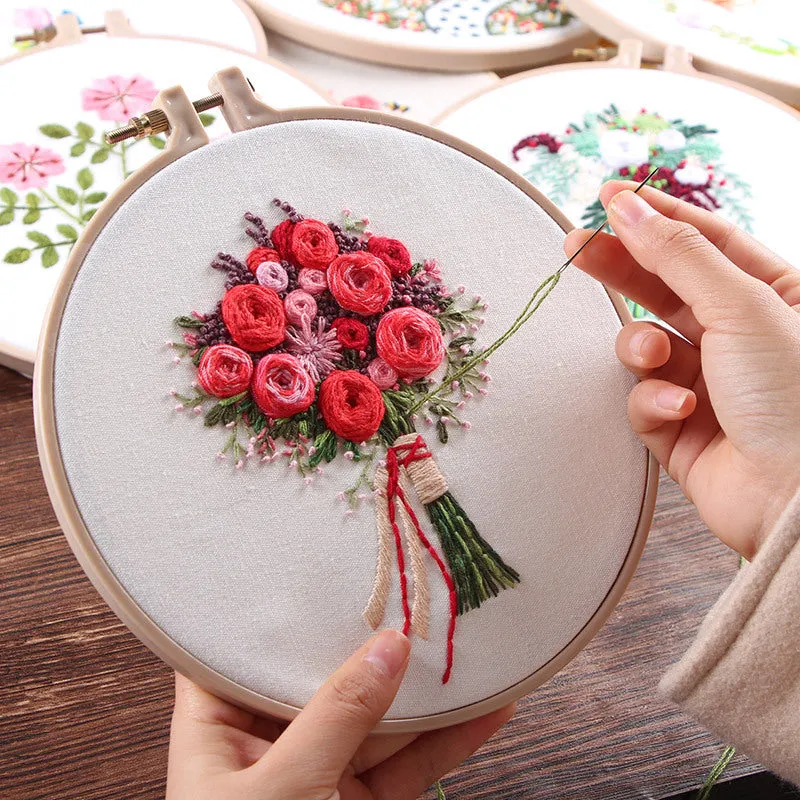 Beginners Red Rose Bouquet Flower Hand Embroidery Full Kit