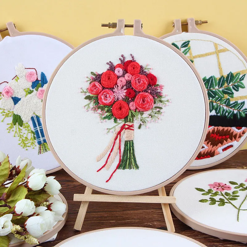 Beginners Red Rose Bouquet Flower Hand Embroidery Full Kit