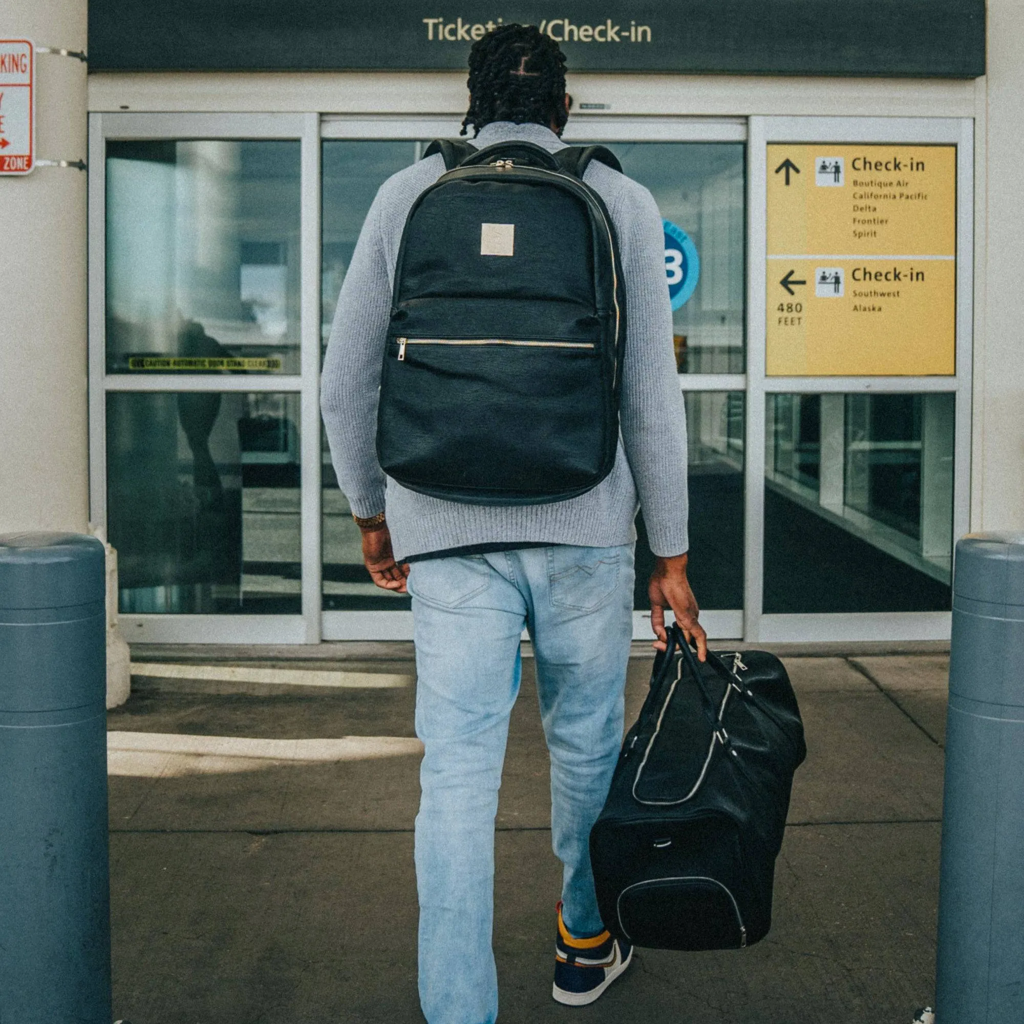 Black Tumbled Leather 2 Bag Set (Commuter Backpack and Duffle)