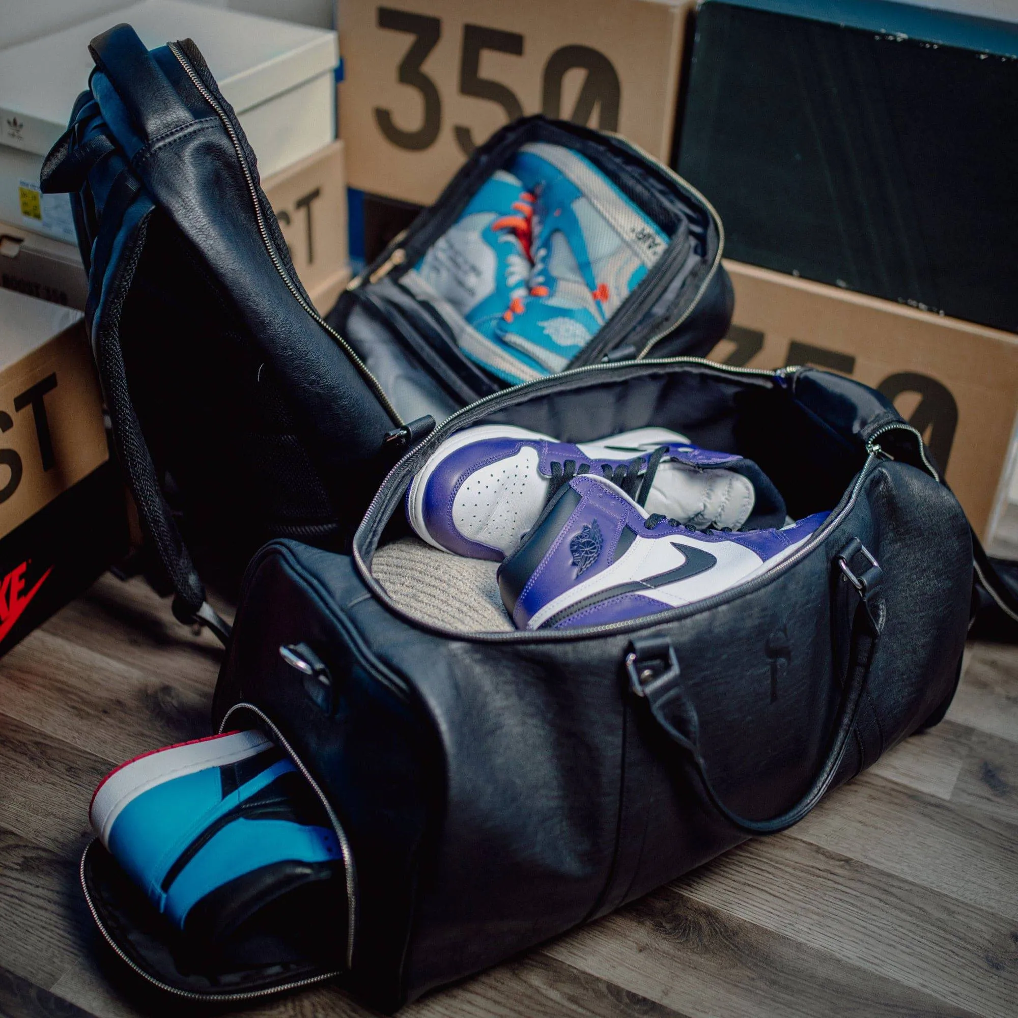 Black Tumbled Leather 2 Bag Set (Commuter Backpack and Duffle)