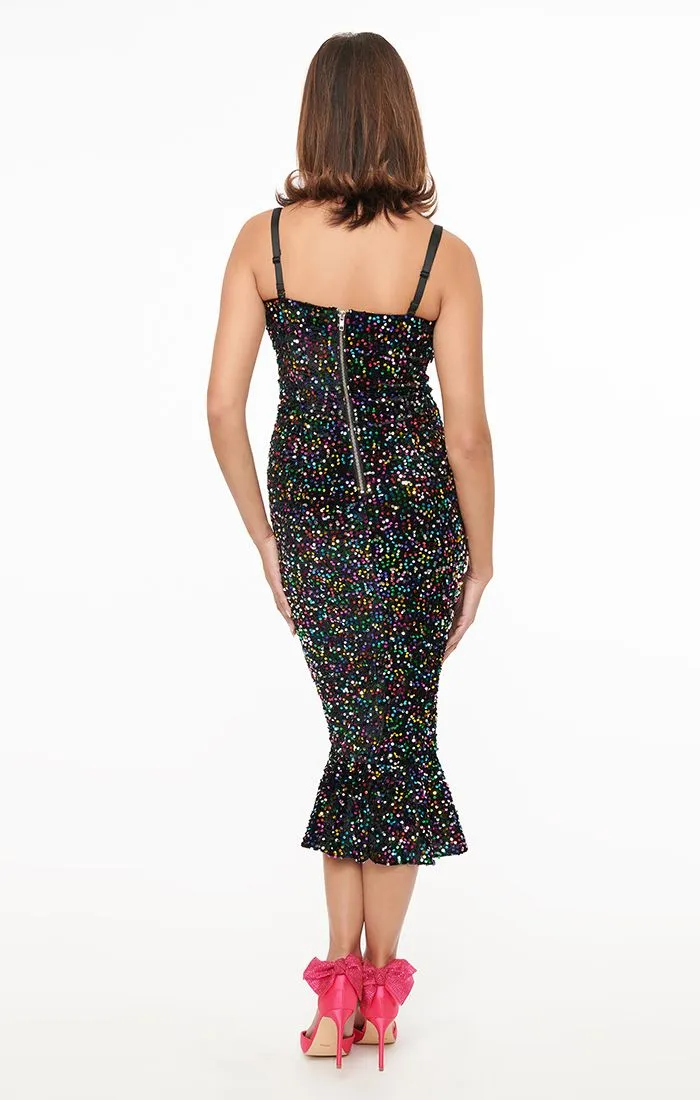 Black Velvet & Rainbow Sequin Wiggle Dress by Unique Vintage