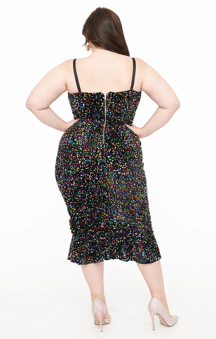 Black Velvet & Rainbow Sequin Wiggle Dress by Unique Vintage