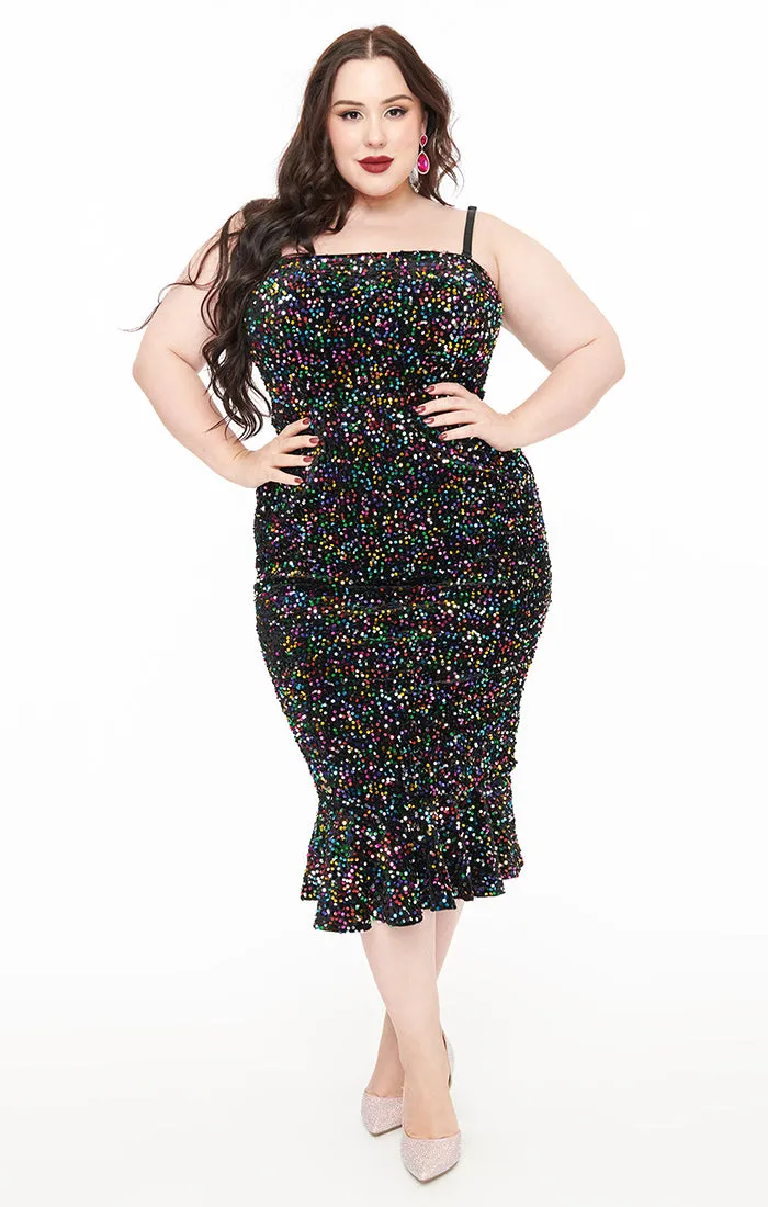 Black Velvet & Rainbow Sequin Wiggle Dress by Unique Vintage