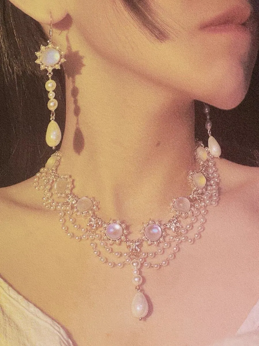 Bridgerton Inspired Handmade Regency Prom Pearl Necklace With Moonstone - Regency Era Style Multi-strand