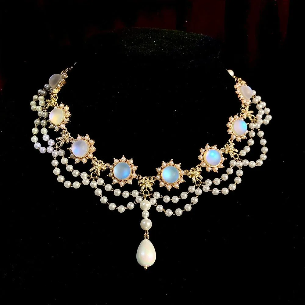 Bridgerton Inspired Handmade Regency Prom Pearl Necklace With Moonstone - Regency Era Style Multi-strand