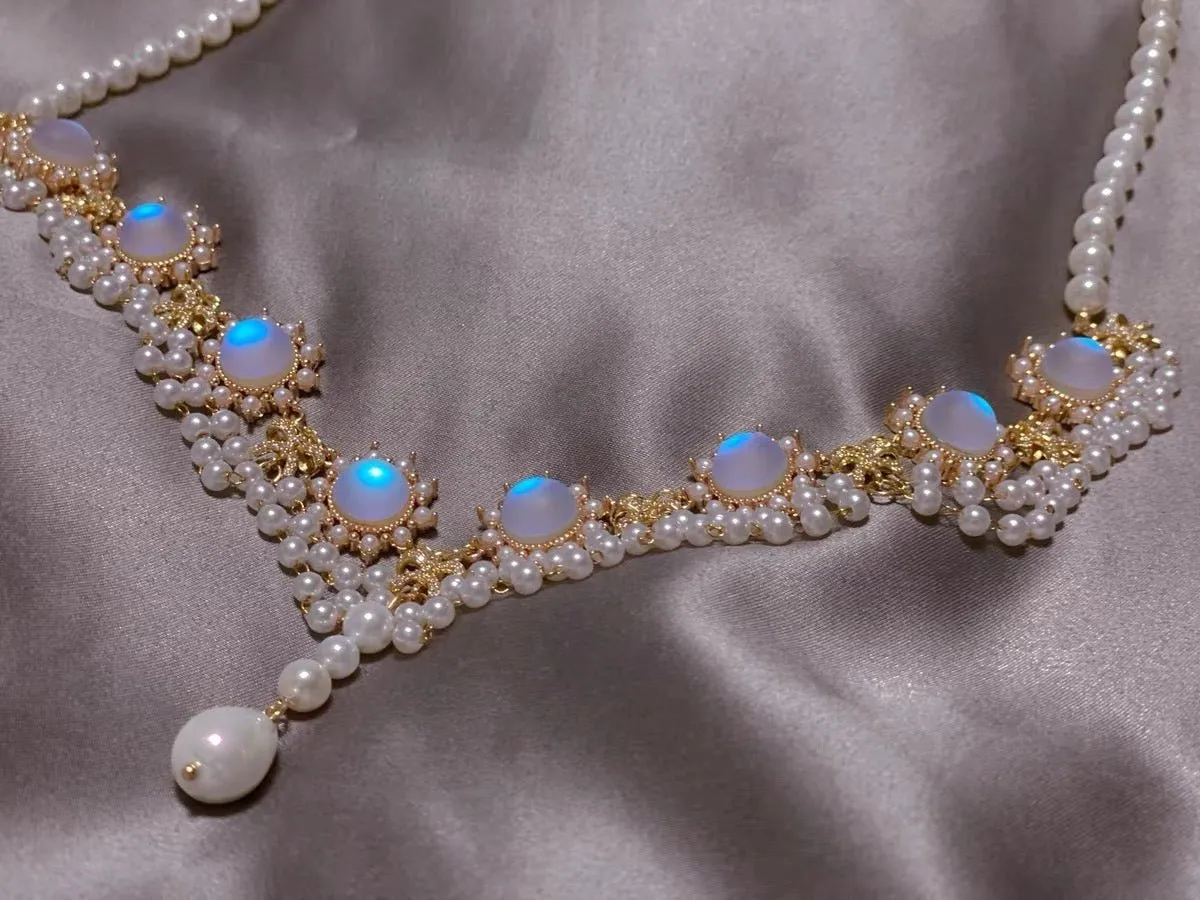 Bridgerton Inspired Handmade Regency Prom Pearl Necklace With Moonstone - Regency Era Style Multi-strand