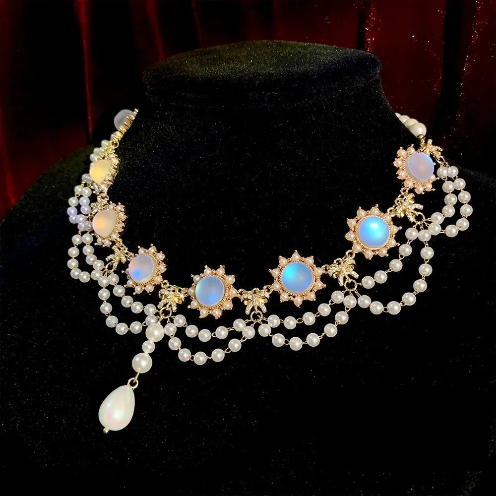 Bridgerton Inspired Handmade Regency Prom Pearl Necklace With Moonstone - Regency Era Style Multi-strand