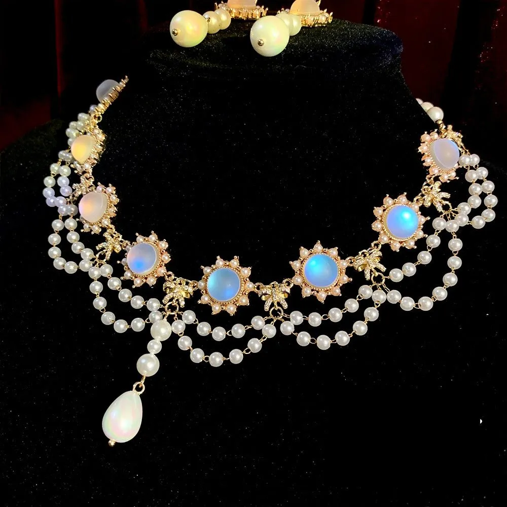 Bridgerton Inspired Handmade Regency Prom Pearl Necklace With Moonstone - Regency Era Style Multi-strand