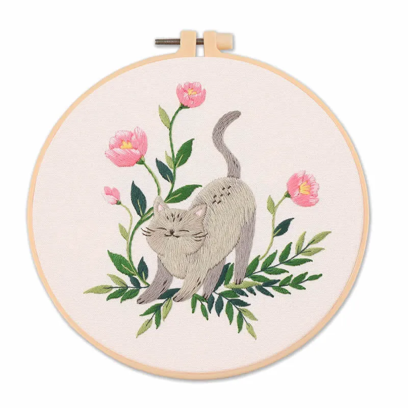 Cat on Flowers  Hand Embroidery DIY Kit 20cm