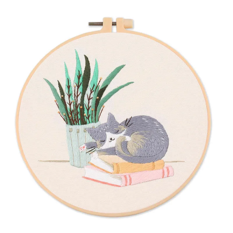 Cat on Flowers  Hand Embroidery DIY Kit 20cm