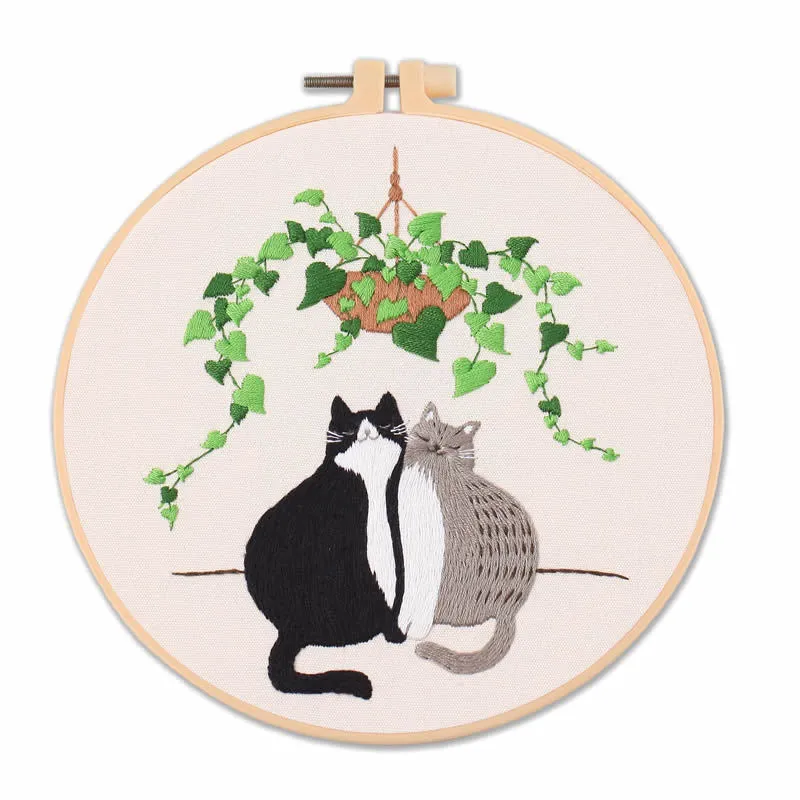 Cat on Flowers  Hand Embroidery DIY Kit 20cm