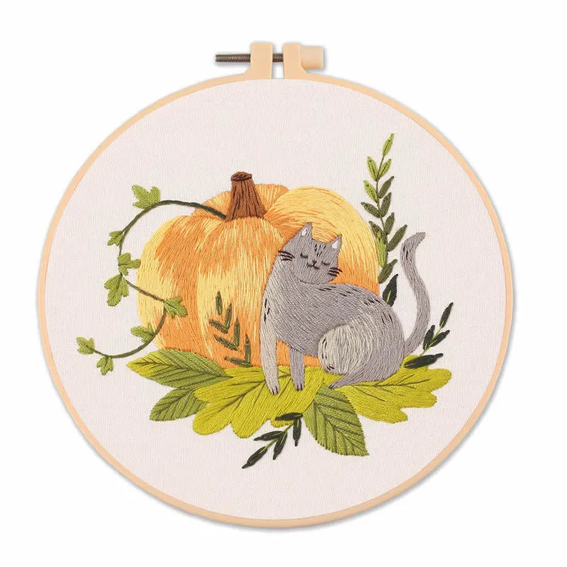 Cat on Flowers  Hand Embroidery DIY Kit 20cm