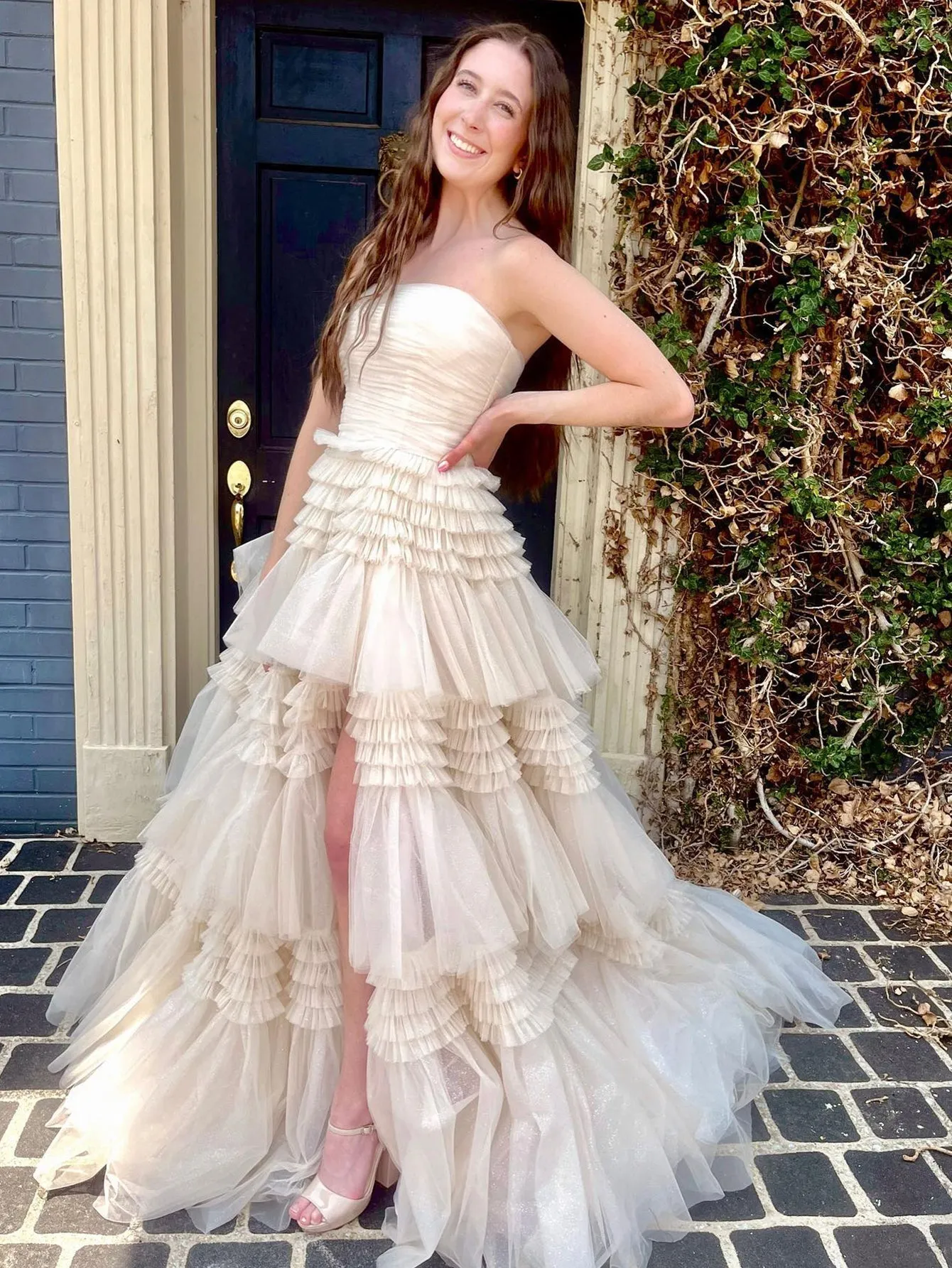 Champagne A-Line Strapless Ruffled Tiered Tulle Long Prom Dress