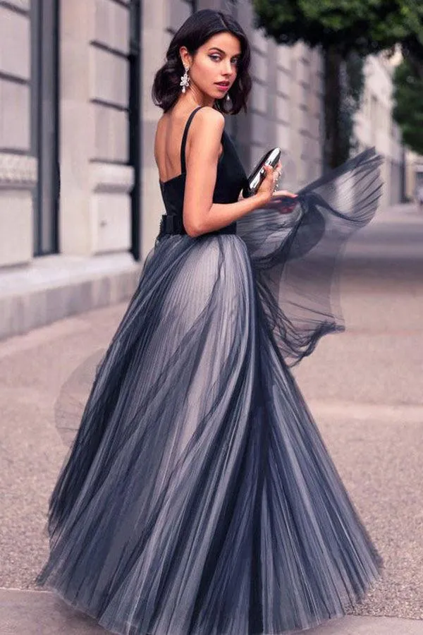 Charming V Neck Sleeveless Spaghetti Straps Navy Blue Ball Gown Prom Dress PFP0018