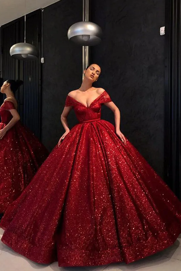 Chic Ball Gown Prom Dresses Vintage Off The Shoulder Red Sequins Prom Dresses N1333
