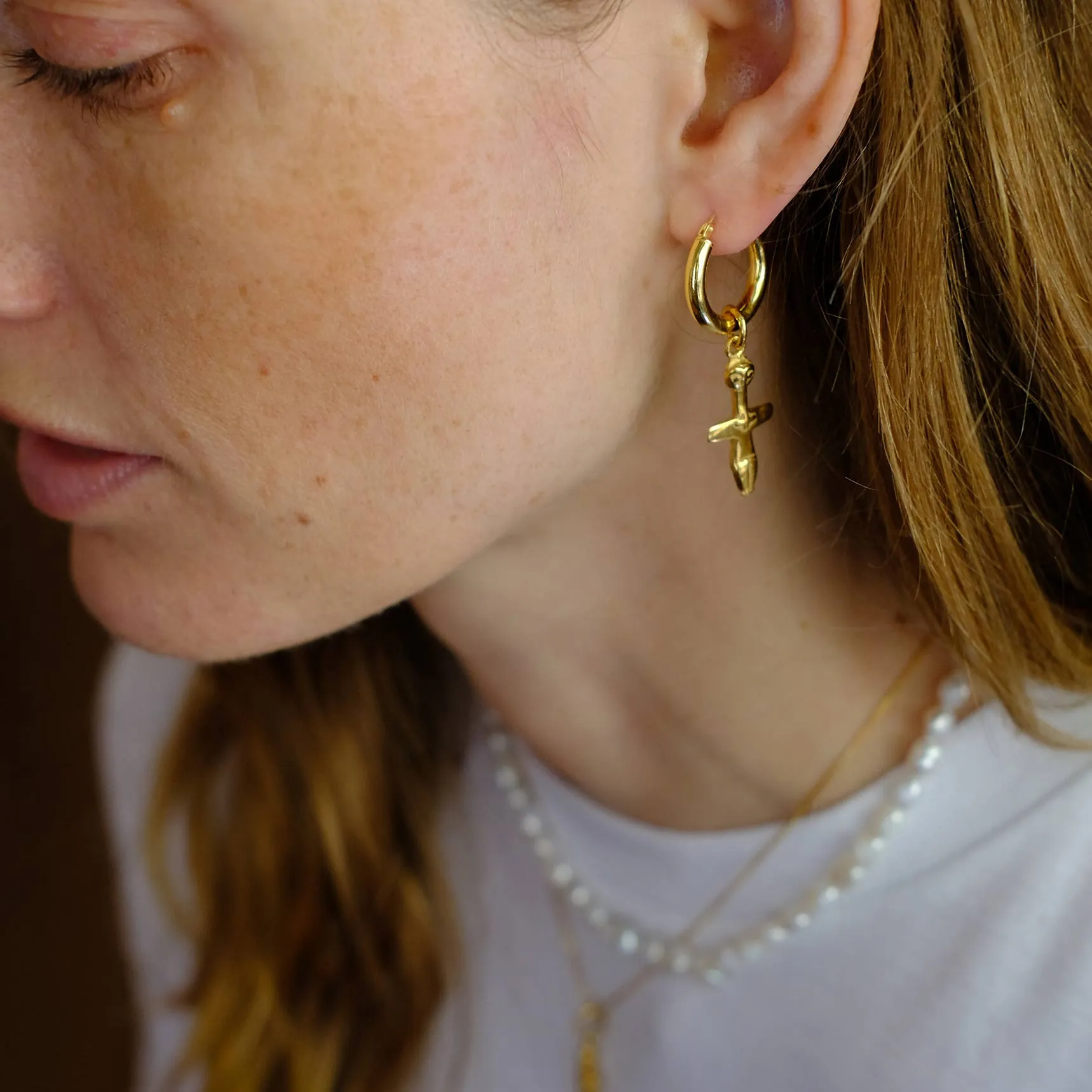 Chunky Hoop Earrings with Fertility Pendant - Gold-Plated Silver