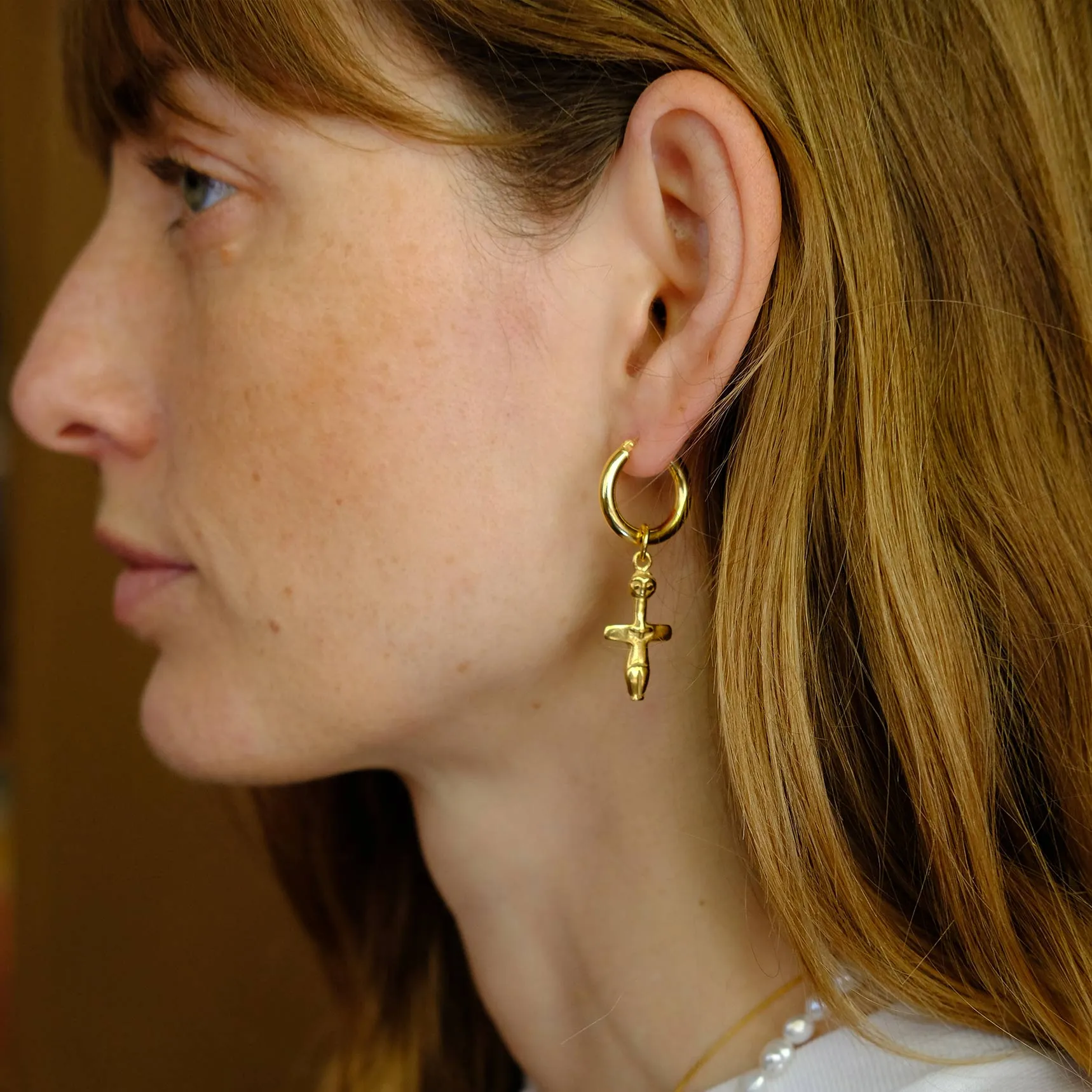 Chunky Hoop Earrings with Fertility Pendant - Gold-Plated Silver